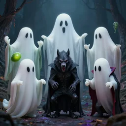 ghosts, aliens, werewolf and vampires playing together, photorealistic, hd