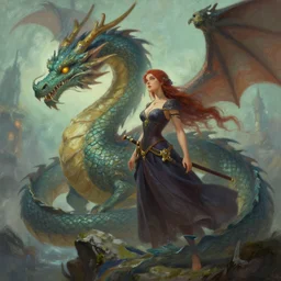 a painting of a woman and a dragon, a matte painting by christophe vacher, featured on deviantart, fantasy art, matte painting, storybook illustration, 2 d game art.
