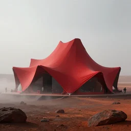 “Hyper realistic,red wrapped organic architecture,tent architecture,mars,Future design,architecture design,foggy, environment,Cinematography,mega scans,sloped site,cinematic,hyper realistic,photo real,cinematic composition,highly detailed,vray,8k render”