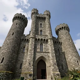 tall fantasy celtic castle, 4 tall towers, photorealistic, hyper detailed, picture taken from the ground, first person perspective, realistic