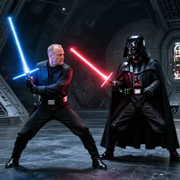 saul goodman lightsaber duel with darth vader on the death star, highly detailed