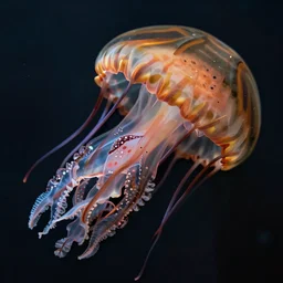 A photogram from The First Video of an Extremely Rare Jellyfish Captures Its Striped Tentacles and Spotted, Pulsing Body, HDR, Hyper detailed