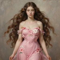 an ultradetailed mythological oil painting of a beautiful goddess with long brown hair, full body, wearing pink floral gown, lying asleep inside a giant scallop shell, near the seashore, intricate lines, elegant, renaissance style, by sandro botticelli