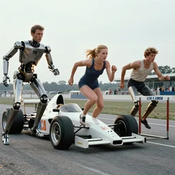 The matrix, LeeLoo, Starship Troopers, Katniss Everdeen, 1960's Olympics footage, hurdlers in a race with robotic legs, intense moment, cinematic stillframe, backlit, The fifth element, vintage robotics, formula 1, starring Geena Davis, clean lighting