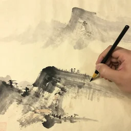 plotter drawing the life, traditional chinese ink painting, yellowing paper.