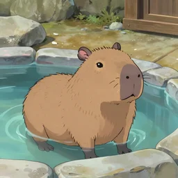 a cute capybara in an onsen, detailed, anime style by Kyoto Animation, Artstation, Behance