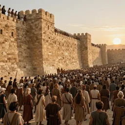 Matte painting of large crowd of men in Biblical outfits marching in front of the walls of Jericho. People are standing on the walls looking down at them. sunrise, epic, cinematic lighting, detailed digital art trending in artstation