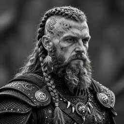 a cinematic view of wide bw photo from a very ornated rasputin viking, half shaved haircut, braided beard, showing nordic tattoos in the head, scars in the face, feather earing, using leather armour with necklace of teeth, marvelous expression, photorealistic, volummetric light, detailed, texturized, zeiss lens high professional mode