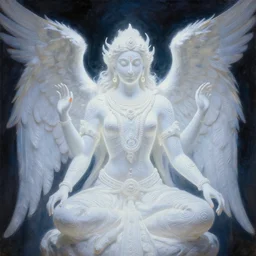 ethereal glowing white hindu angel dmt deity, tribal repeating patterns, tim hildebrandt, wayne barlowe, bruce pennington, donato giancola, trending on artstation, cinematic composition, sharp focus, beautiful lighting, hyper detailed, 8 k, oil on canvas