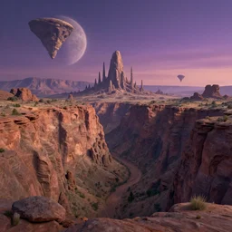 fine illustration of exaggerated landscape gorge on an exoplanet, alien edifice, rock formations, twilight