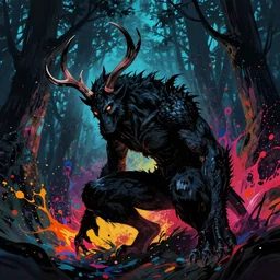 black demon hunched over with antlers in the forest at night. by josan gonzalez splash art graphic design color splash high contrasting art, fantasy, highly detailed, art by greg rutkowski