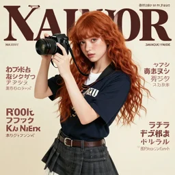 a cottagecore photoshoot of mahiru koizumi, a freckled redhead holding her camera, mahiru koizumi danganronpa fashion photography, dynamic pose, young and beautiful, magazine cover, japanese facial features, detailed, dslr