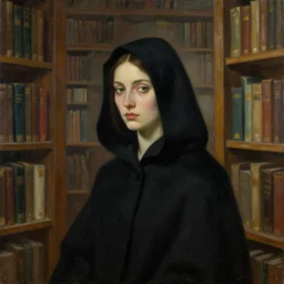 a surreal painting from 1 9 4 5 of a woman wearing a black hood in a library