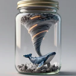 a octane render of violent tornado inside a jar, a tiny whale jumping out of the tornado, close - up studio photo, lighting path traced, highly detailed, high quality, hyper - realistic, max accurate,