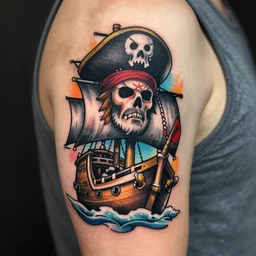 A pirate ship tattoo design in the style of Dmitriy Samohin