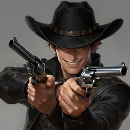 a highly detailed illustration of kento yamazaki as a cowboy wearing black cowboy hat, dramatic smiling wielding revolvers pose, perfect face, intricate, elegant, highly detailed, centered, digital painting, artstation, concept art, smooth, sharp focus, league of legends concept art, wlop