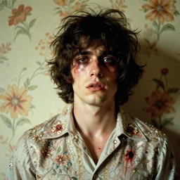 a beautiful but sinister young man in layers of fear, with haunted eyes and wild hair, 1 9 7 0 s, seventies, floral wallpaper, wilted flowers, a little blood, morning light showing injuries, delicate embellishments, painterly, offset printing technique, by brom, robert henri, walter popp