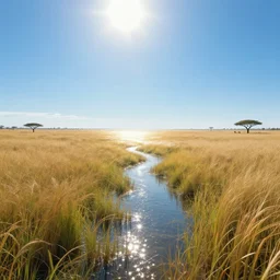 distant cyberpunk wildlife on the african plains, long grass, sparkling water, glistening, clear blue sky, midday sun, mirage, hyper realistic, hyper detailed, digital art, trending in artstation, cinematic lighting, vibrant, studio quality, photorealistic, photo, by jesper ejsing, wlop, paul lehr