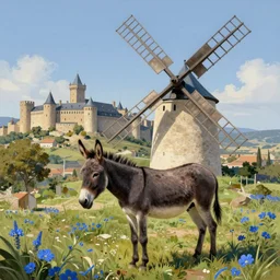 very long shot of a windmill, wild beautiful donkey, spots of blue flowers nearby, medieval french landscape, Carcassonne, city of carcassonne in the background, by Stanley Artgerm Lau, Rossdraws, frank frazetta, Marc Simonetti, tranding on artstation