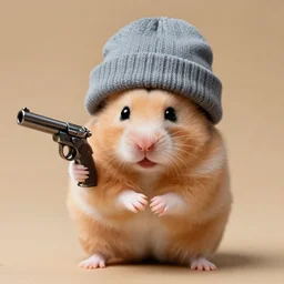 hamster wearing a beanie with a gun