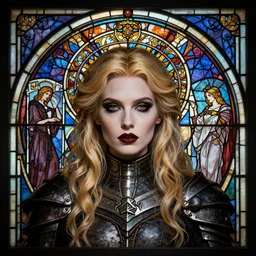 masterpiece head-on symmetrical centered portrait, Alexis Knapp as a Gothic Warrior, blonde hair, gothic stained glass style, tarot card style, elegant, distant, in the style of Edgar Maxence and Ross Tran and Zdzisław Beksiński and Michael Whelan and Mucha and Gustave Doré, specular highlights, 8k, octane render