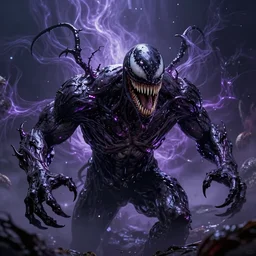 venom stuck in a cosmic prison, wispy horror, purple reflective shine, tar drip render, photo pic by mcfarlace and realistic horror and giger and gammell