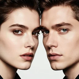 symmetrical portrait of a man and a woman , close-up, high sharpness, zeiss lens, fashion photo shoot, Annie Leibovitz and Steve McCurry, David Lazar, Jimmy Nelsson, artistic, hyper-realistic, beautiful face, octane rendering