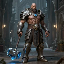 detailed realistic face full body portrait octane render of a muscular beautiful goliath in daedric - armor, bluecrystal - battlehammer, ultra wide shot, on an medieval gothic street, in the style of greg rutkowski and hans zatzka, digital art, sharp focus, highly realistic