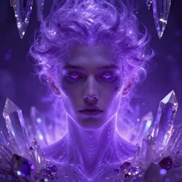 closeup portrait of an ethereal man made of purple light, divine, cyberspace, mysterious, surrounded by crystals, gems, stalactites, art by Artgerm