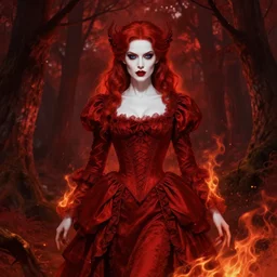 full body portrait of an evil female pyromancer in the woods, elegant victorian dress, very detailed face, white skin, red hair, red lipstick, blue eyes, fire everywhere, high fantasy, dnd, highly detailed, digital illustration, by artgerm, greg rutkowski, alphonse mucha, monochromatic red