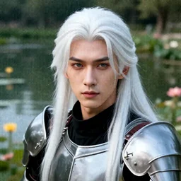 a portrait of a white knight with long hairs, a pond with flowers in the background, art by James Jean and Wayne Barlowe, high detail, cinematic, cgsociety 8k