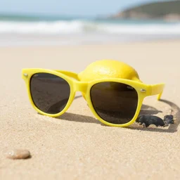 a lemon wearing sunglasses on the beach