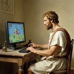 Ancient roman citizen at home playing a computer game in his domus, 15 BC