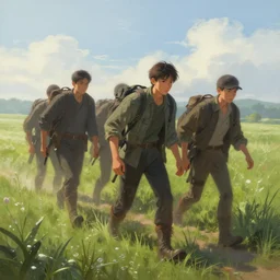 the death march. volumetric lighting, spring early morning, dew, nice weather, realistic illustration, perfectly shaded, soft painting, art by krenz cushart and wenjun lin