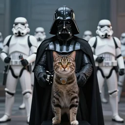 Darth Vader's cat commanding stormtroopers, 4k, cinematic, detailed