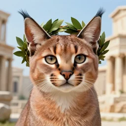 cute fluffy caracal in a ancient greek city, wearing laurel wreath as hat chaplet on head | | cute, key visual, realistic shaded perfect face, fine details by stanley artgerm lau, wlop, rossdraws, james jean, andrei riabovitchev, marc simonetti, and sakimichan, trending on artstation