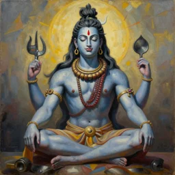 an oil on canvas painting of Shiva, by Dan Mumford and Umberto Boccioni, sanskrit, 3d, realistic shading, complimentary colors, aesthetically pleasing composition, masterpiece, 4k, 8k, ultra realistic, super realistic