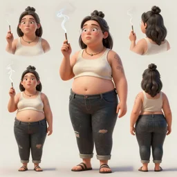 female character study of bill hicks, fat woman, smoking, clear faces, emotional, character sheet, fine details, concept design, contrast, kim jung gi, pixar and da vinci, trending on artstation, 8 k, full body and head, turnaround, front view, back view, ultra wide angle