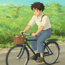 a man riding a bike, anime, studio ghibili