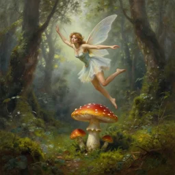 epic oil painting of a fairy in a short skirt landing on a mushroom in the forest, moss, fog