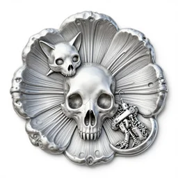 epic diptych, flat shaped chrome relief, fossil, mechanic bionic fungus flower cat skull skeleton dissection relief, by Lorenzo Ghiberti, by Goga Tandashvili, artstation, cgsociety, at Khajuraho, by jonathan ivy