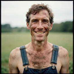 far view, extremely skinny malnourished mitch mcconnell, wearing dirty overalls, dirty greasy face, grin, portrait, close up, kodak gold 2 0 0, 5 0 mm,