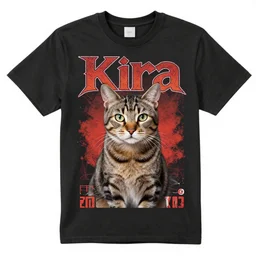 70s concert T-shirt design for heavy metal band “Kira” featuring tabby cat “Kira”, masterpiece, trending on artstation