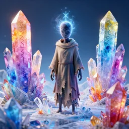 ice colorful crystal landscape 4 k art by mike winkelmann, power auras, sigils, tattered cloth robes, substance 3 d painter, pbr textures, physical based rendering, cinematic, hyper realism, high detail, octane render, unreal engine, 8 k, vibrant colors, smooth gradients, high contrast, depth of field, aperture