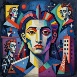 A surreal neon painting of Zaha hadid 3d kandinsky face city made of cubism futuristic picasso sculptures in 3 point perspective by Joan miro and Vladimir kush and dali and kandinsky, 3d, realistic shading, complimentary colors, vivid neon colors, aesthetically pleasing composition, masterpiece, 4k, 8k, ultra realistic, super realistic,