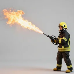 photo of a firefighter using a flamethrower projecting a long flame