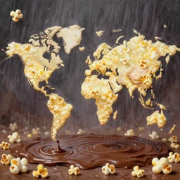 a surrealist painting of a world made out of food with popcorn rain and chocolate ponds, in the style of charlie and the chocolate factory, cgsociety