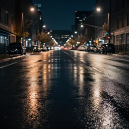 night city lights reflecting on wet asphalt