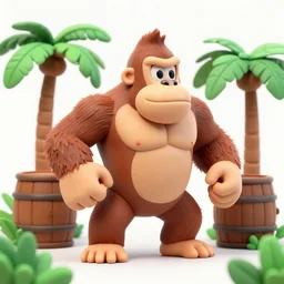 Donkey Kong and Diddy Kong surrounded by tropical trees and barrels, 3D render, detailed clay model