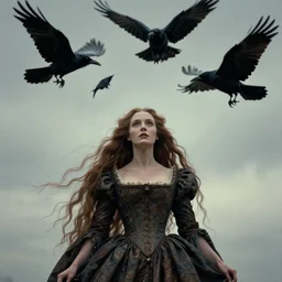 full view of a queen with a dress and long hairs and ravens flying above her head in alan lee and marc simonetti and emil melmoth style  , cinematic lighting